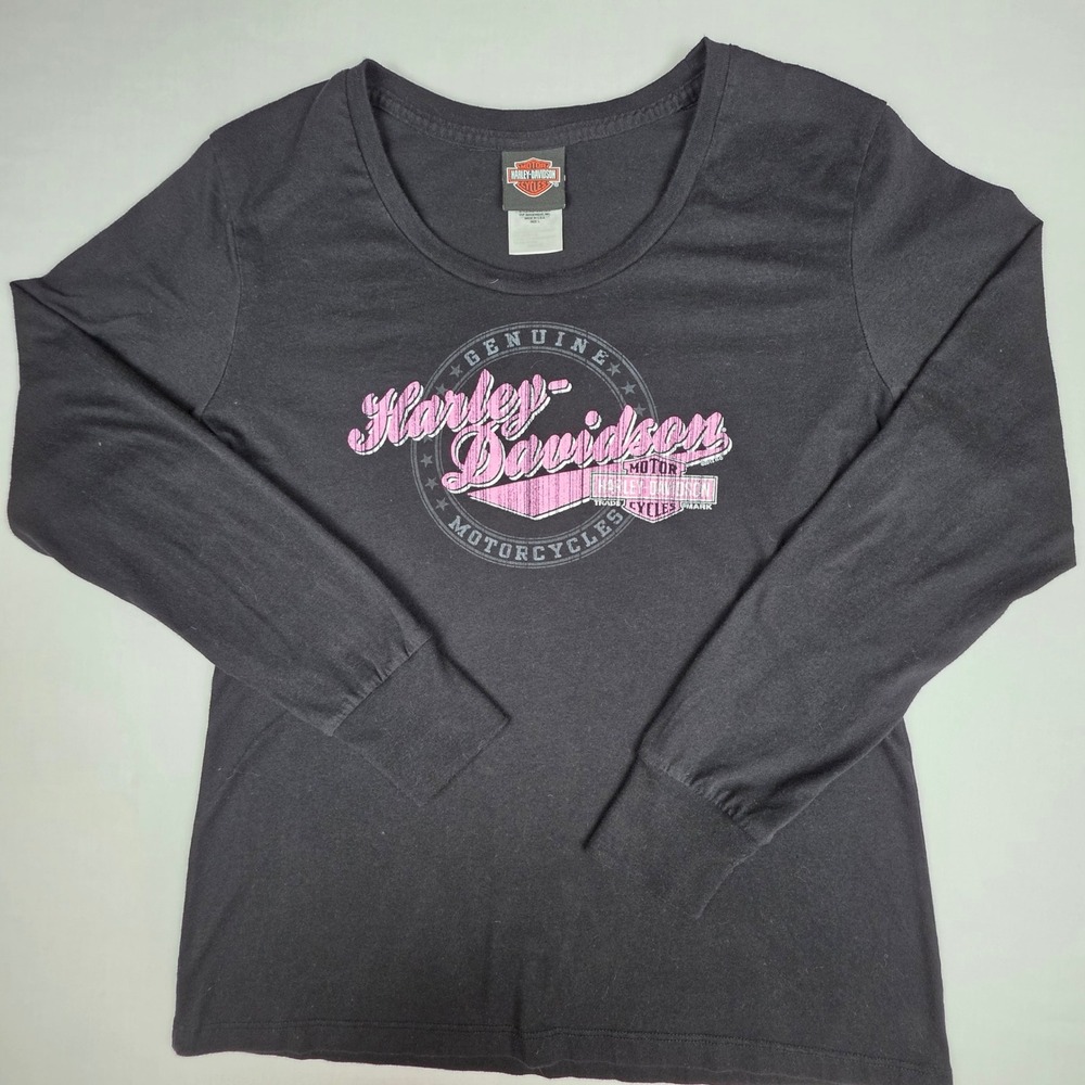 Harley-Davidson Genuine Motor Cycles Long Sleeve Top Womens Large Black Pink